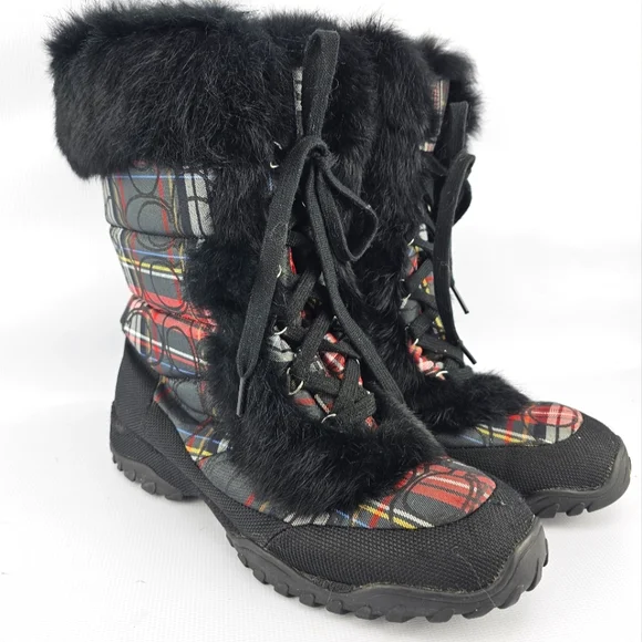 Coach Women's Jennie Q522 Signature Plaid Rabbit Fur Trimmed Winter Boots 10B - Picture 1 of 8